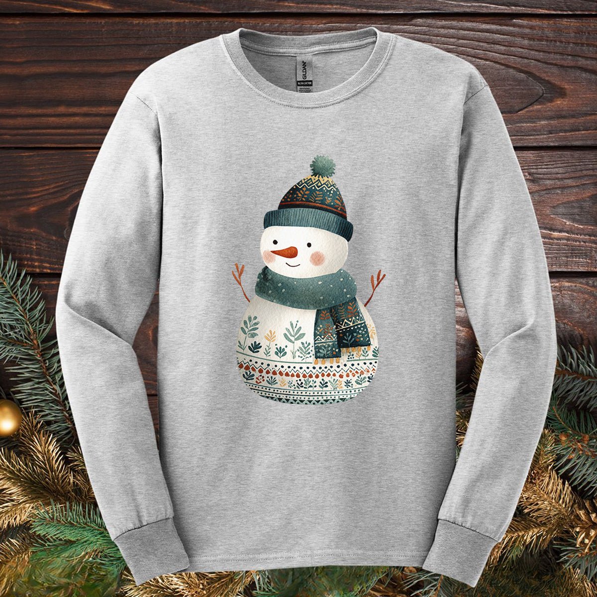 Folk Art Snowman Long Sleeve Tee