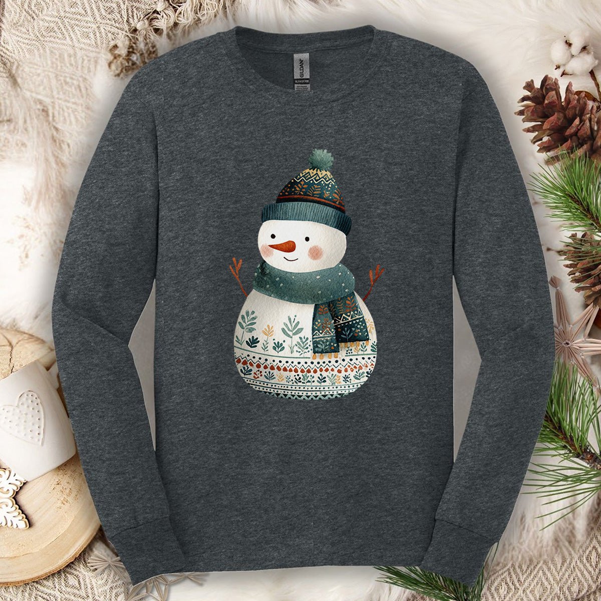 Folk Art Snowman Long Sleeve Tee