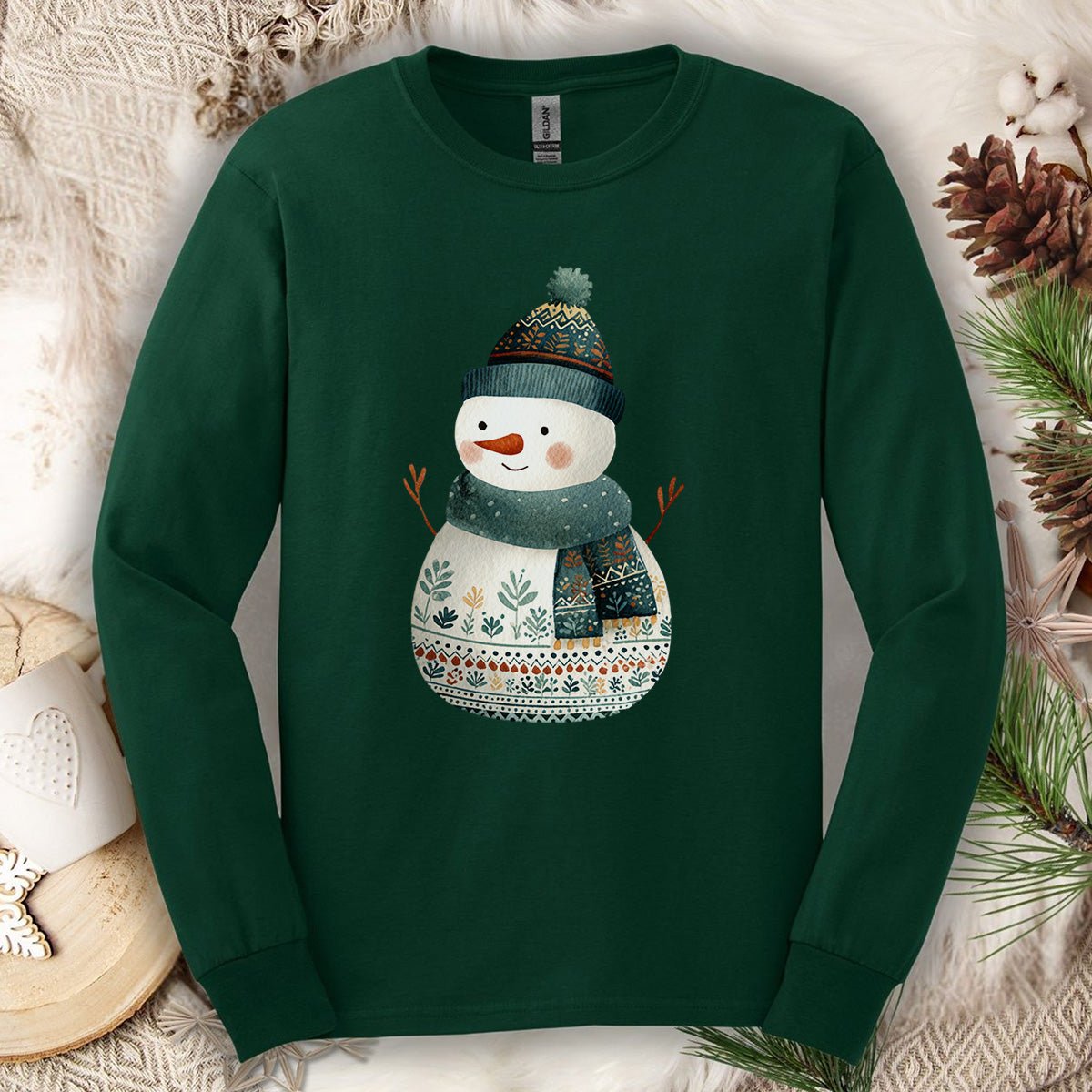 Folk Art Snowman Long Sleeve Tee