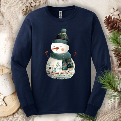 Navy Gildan long sleeve tee with a folk art snowman in a teal hat and scarf.