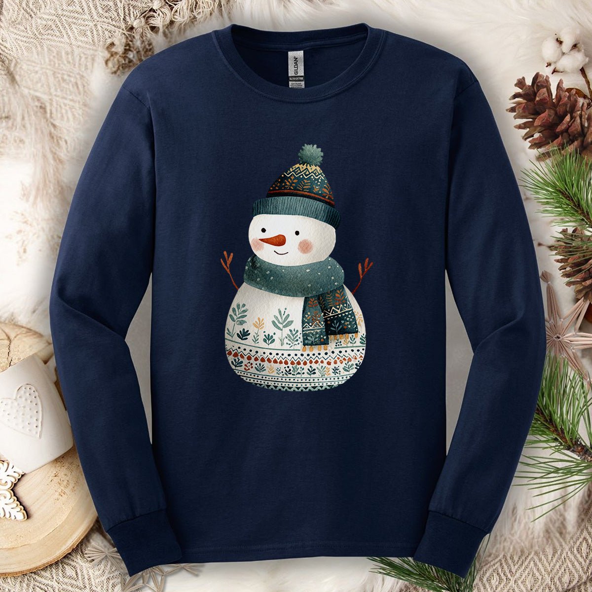 Folk Art Snowman Long Sleeve Tee