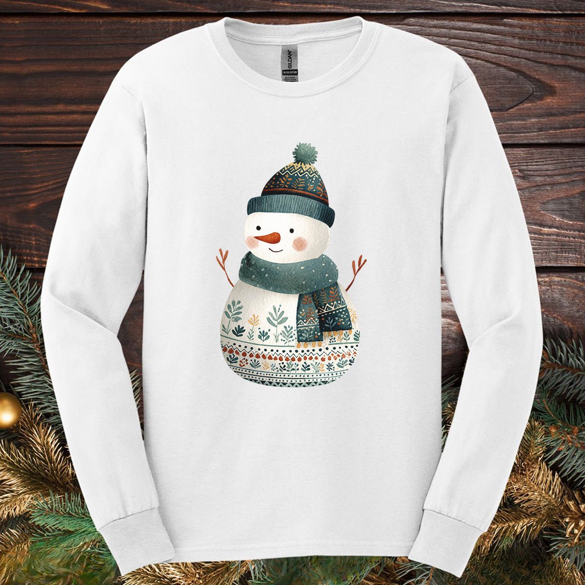 Folk Art Snowman Long Sleeve Tee