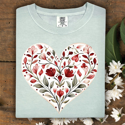 Bay S t-shirt with a folk art red floral heart design, 100% ring-spun cotton.