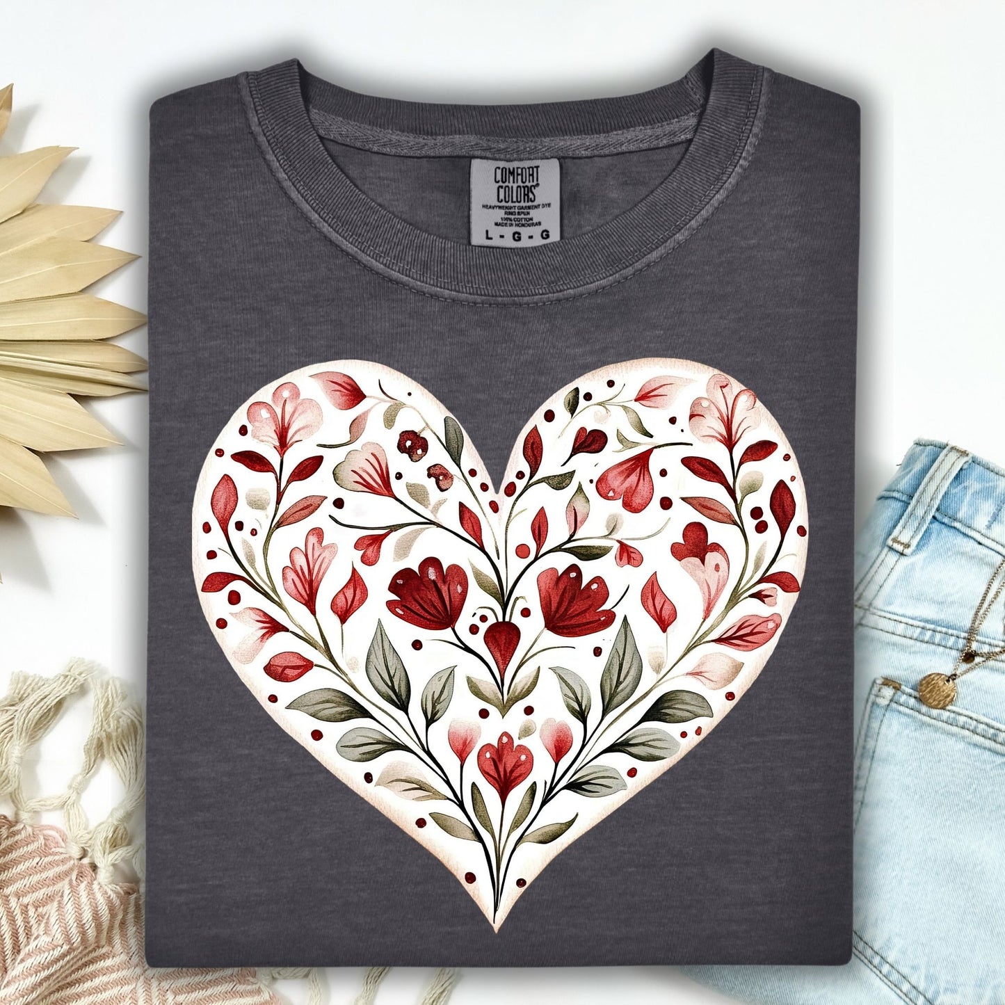 Pepper S-size t-shirt with a red floral heart design and "January" script.