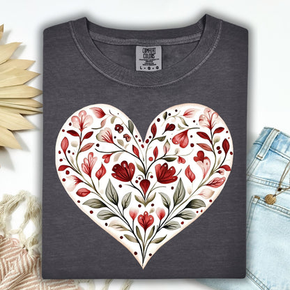 Pepper S-size t-shirt with a red floral heart design and "January" script.