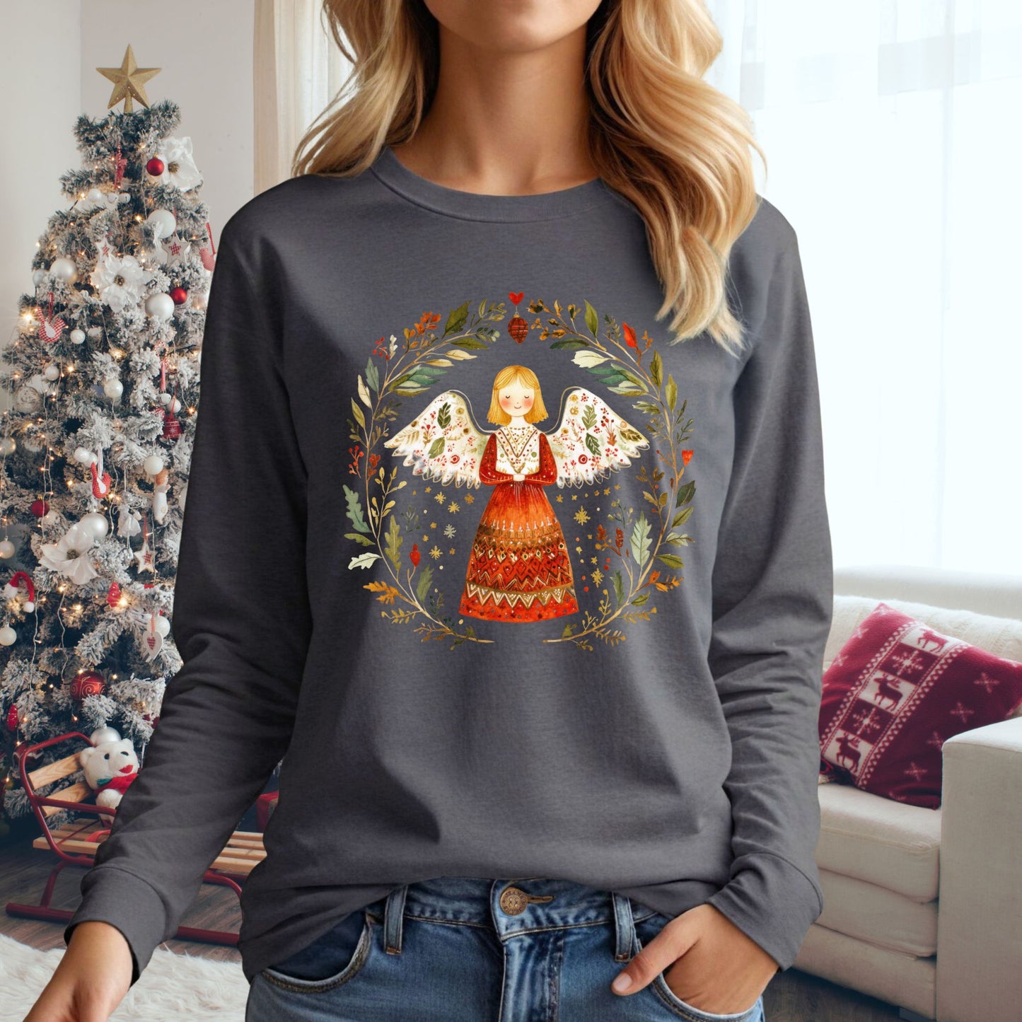 Folk Art Winter Angel Long Sleeve Tee