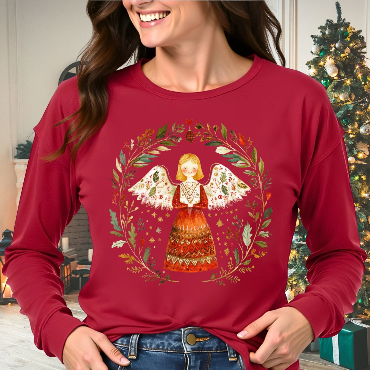 Folk Art Winter Angel Long Sleeve Tee