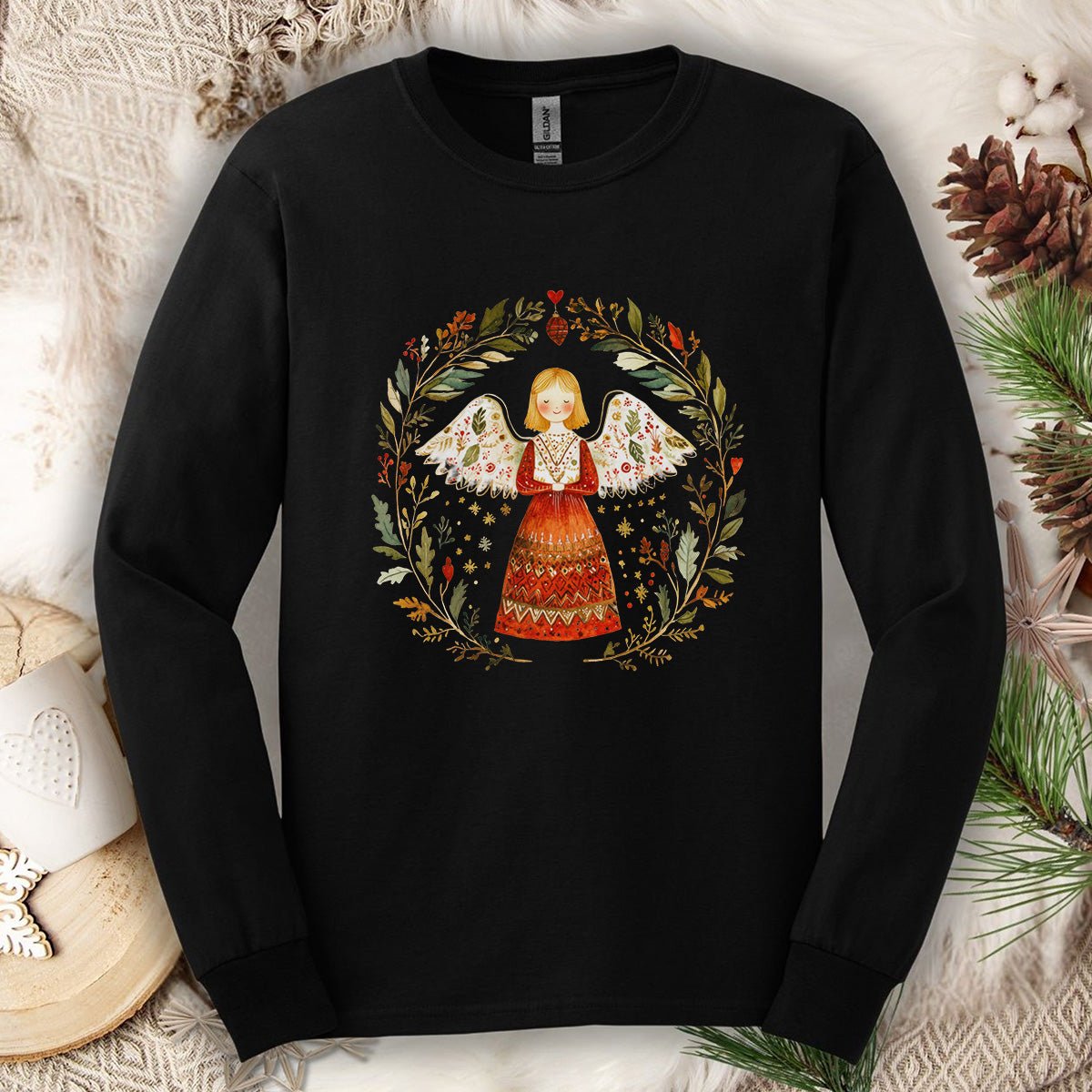 Folk Art Winter Angel Long Sleeve Tee