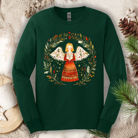 Forest Green Gildan Softstyle long sleeve tee with a folk art winter angel in a wreath design.