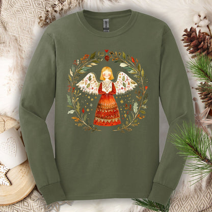 Military Green Gildan Softstyle long sleeve tee with a folk art winter angel in a wreath design.