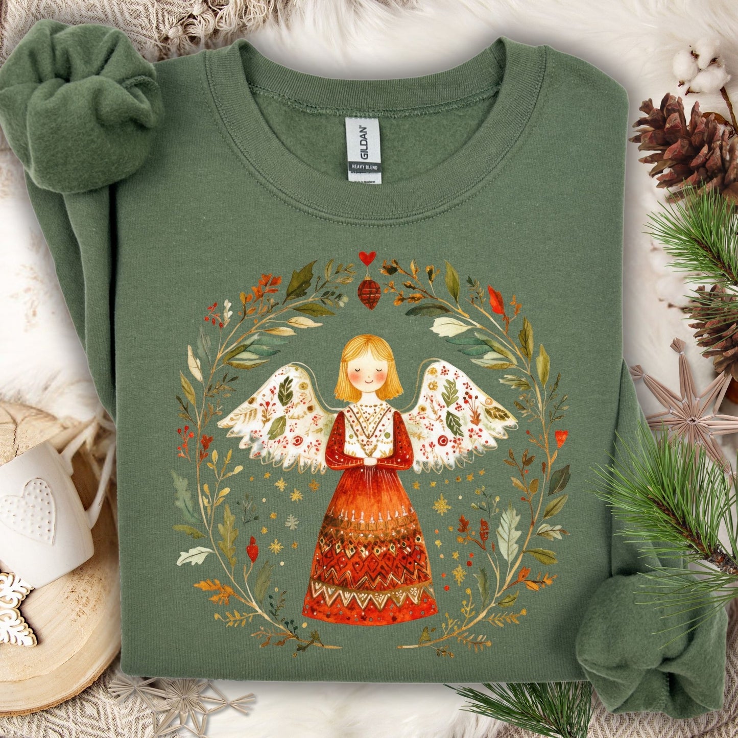 Military Green S sweatshirt with folk art angel in a winter wreath design.