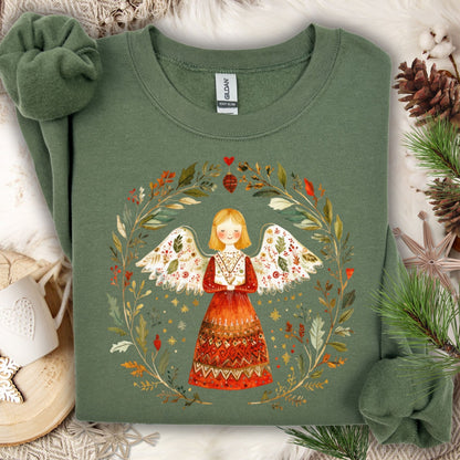 Military Green S sweatshirt with folk art angel in a winter wreath design.
