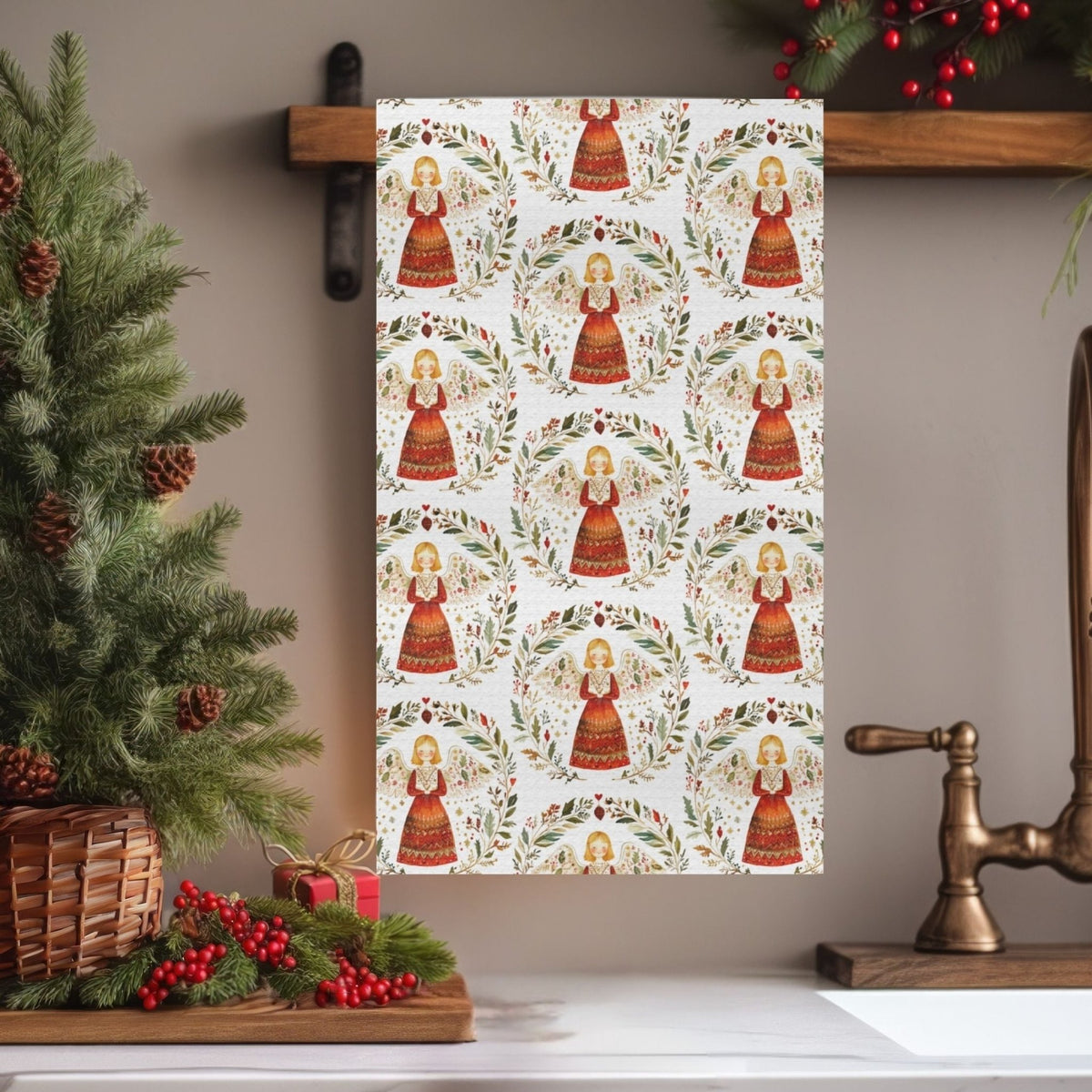 Folk Art Winter Angel Tea Towel