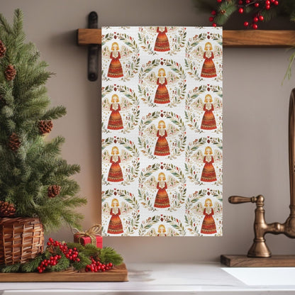 Folk Art Winter Angel Tea Towel