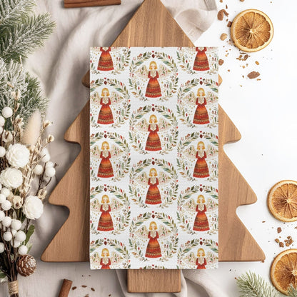 Folk Art Winter Angel Tea Towel