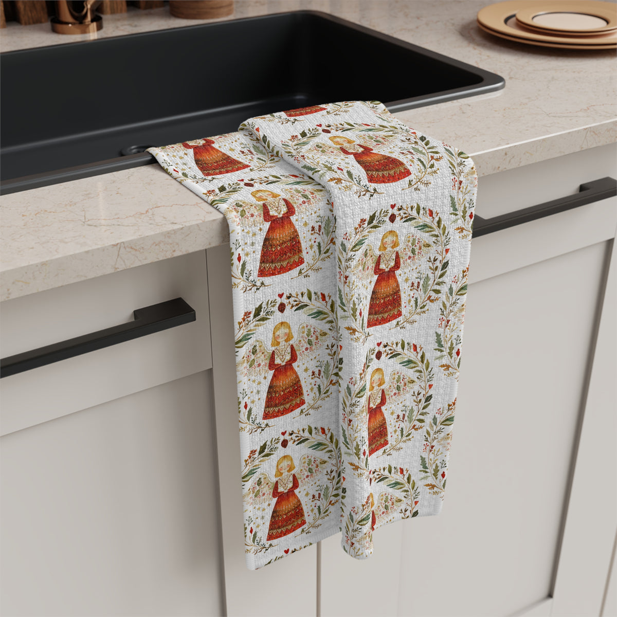 Folk Art Winter Angel Tea Towel