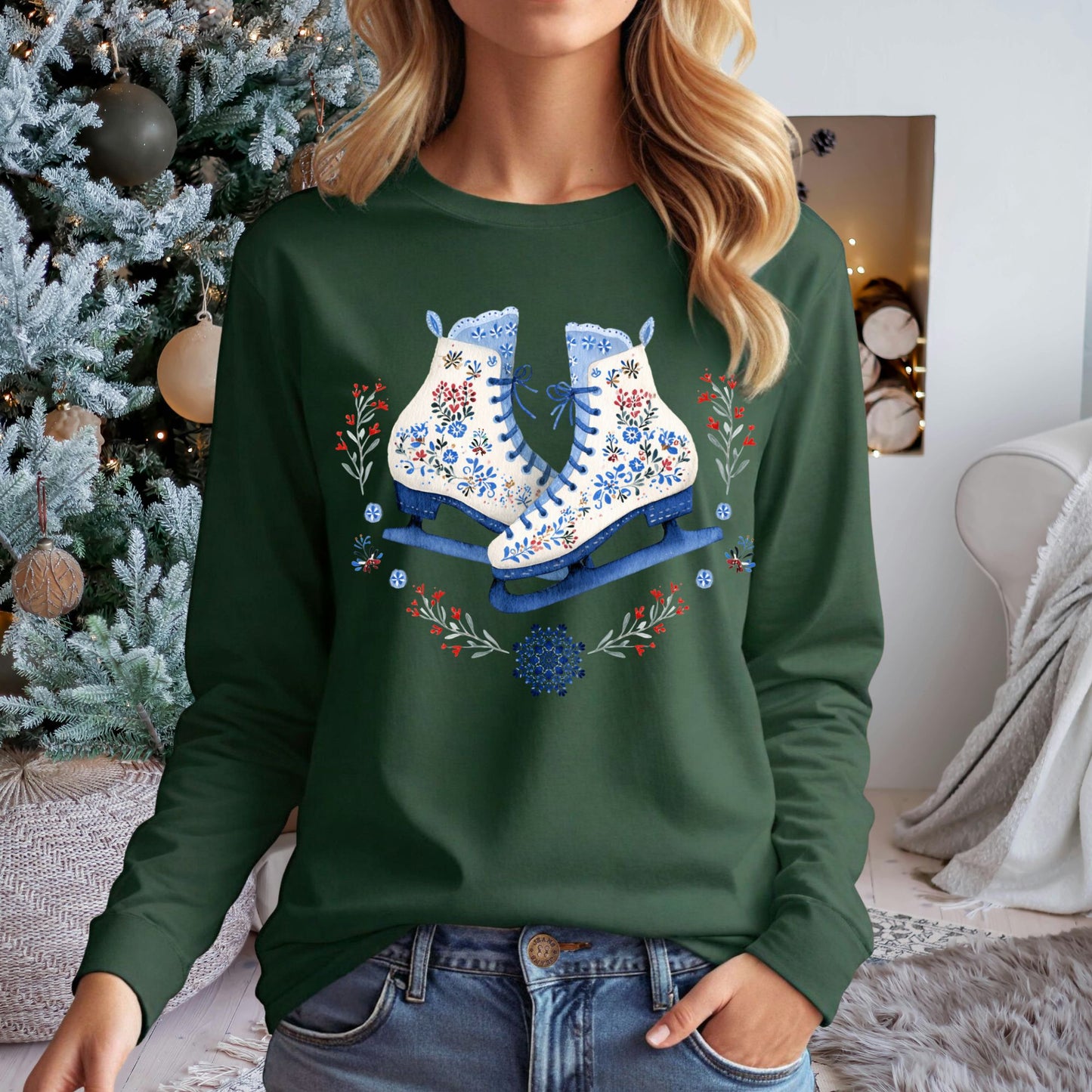 Folk Art Winter Ice Skates Long Sleeve Tee