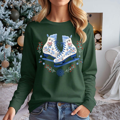 Folk Art Winter Ice Skates Long Sleeve Tee
