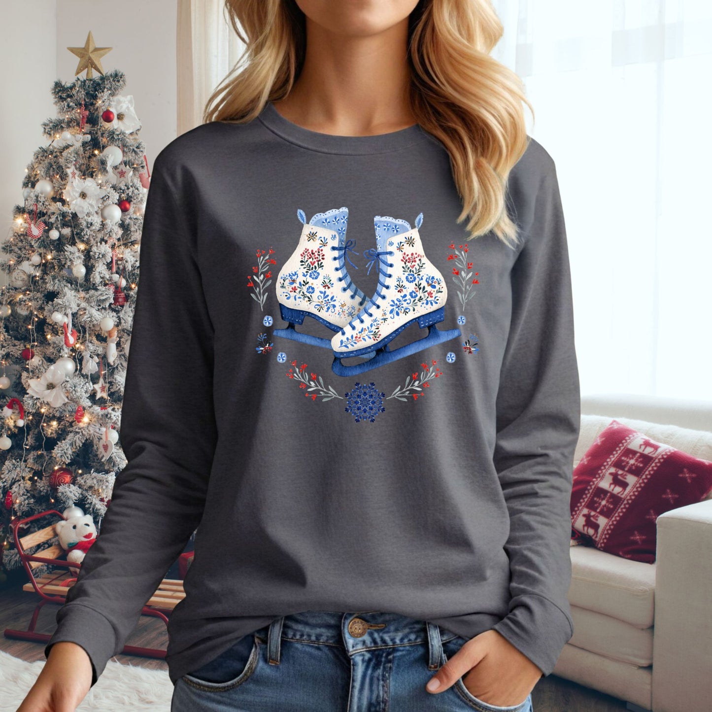 Folk Art Winter Ice Skates Long Sleeve Tee