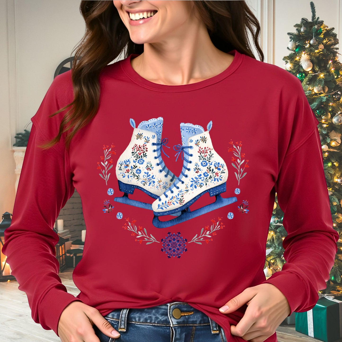 Folk Art Winter Ice Skates Long Sleeve Tee