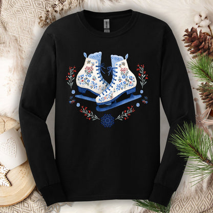 Folk Art Winter Ice Skates Long Sleeve Tee
