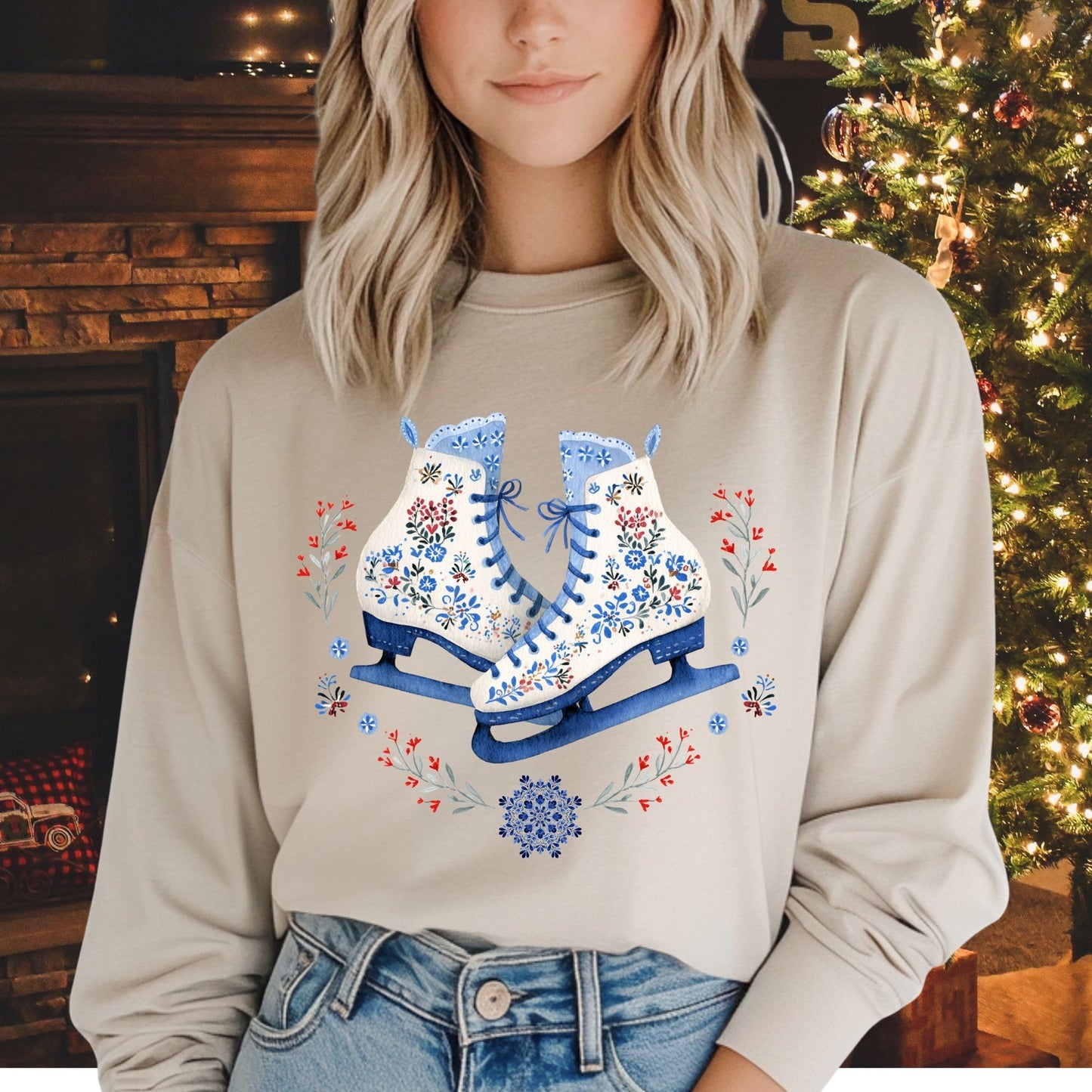 Folk Art Winter Ice Skates Long Sleeve Tee