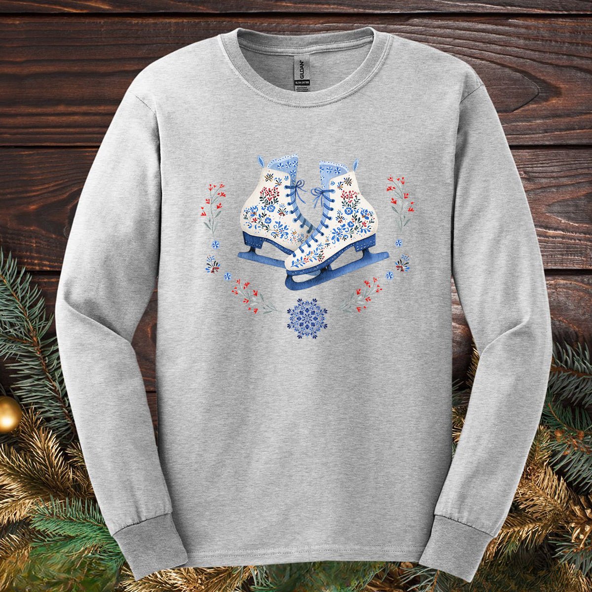 Folk Art Winter Ice Skates Long Sleeve Tee