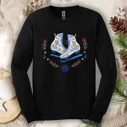Folk Art Winter Ice Skates Long Sleeve Tee