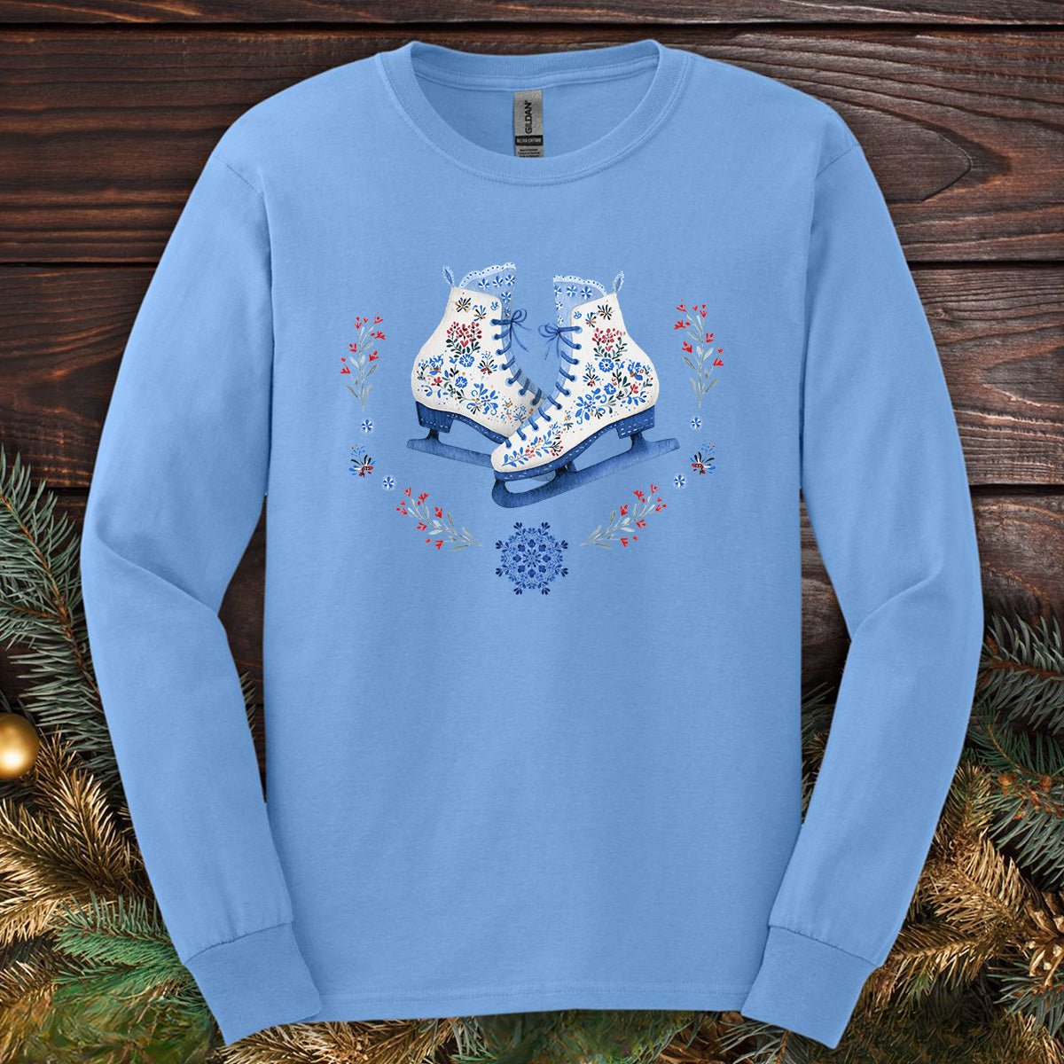 Folk Art Winter Ice Skates Long Sleeve Tee