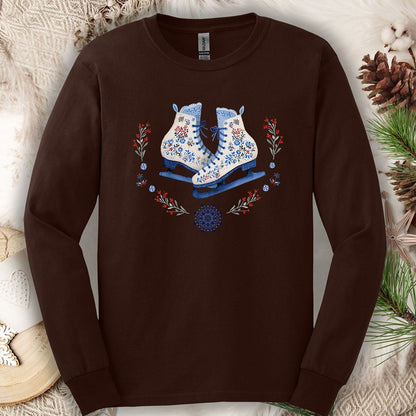 Folk Art Winter Ice Skates Long Sleeve Tee