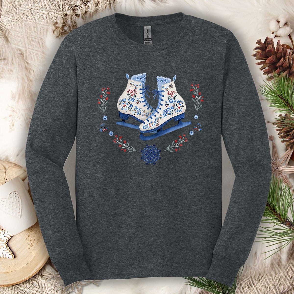Folk Art Winter Ice Skates Long Sleeve Tee