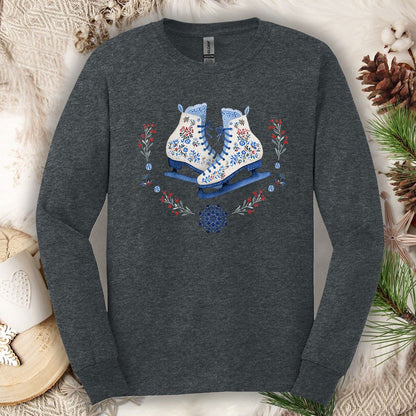 Folk Art Winter Ice Skates Long Sleeve Tee
