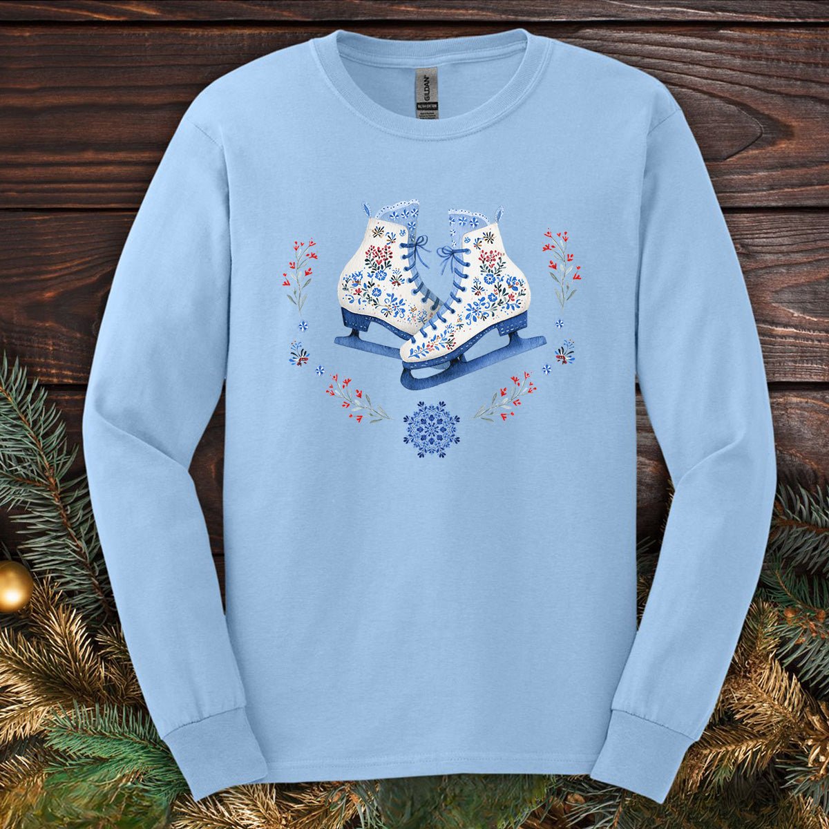 Folk Art Winter Ice Skates Long Sleeve Tee