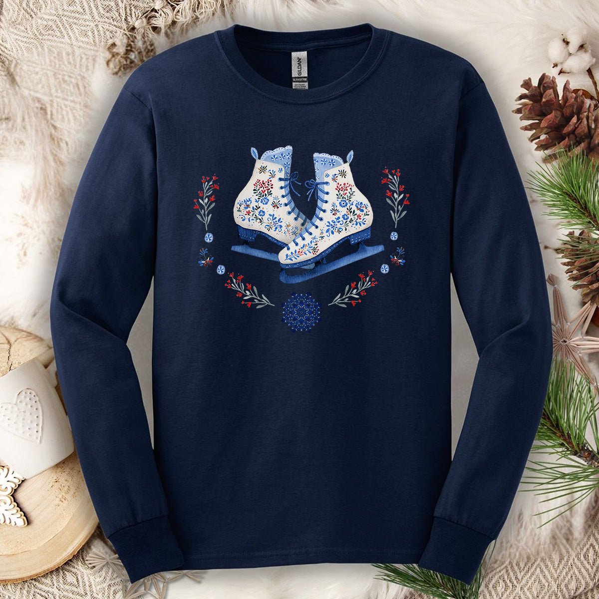 Folk Art Winter Ice Skates Long Sleeve Tee