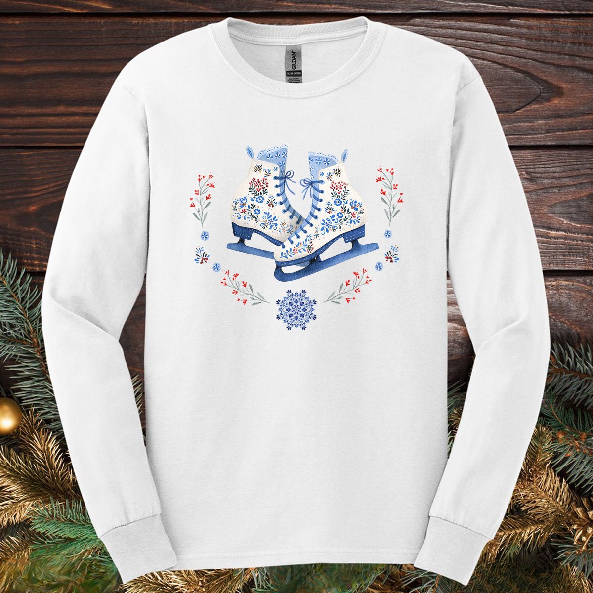 Folk Art Winter Ice Skates Long Sleeve Tee