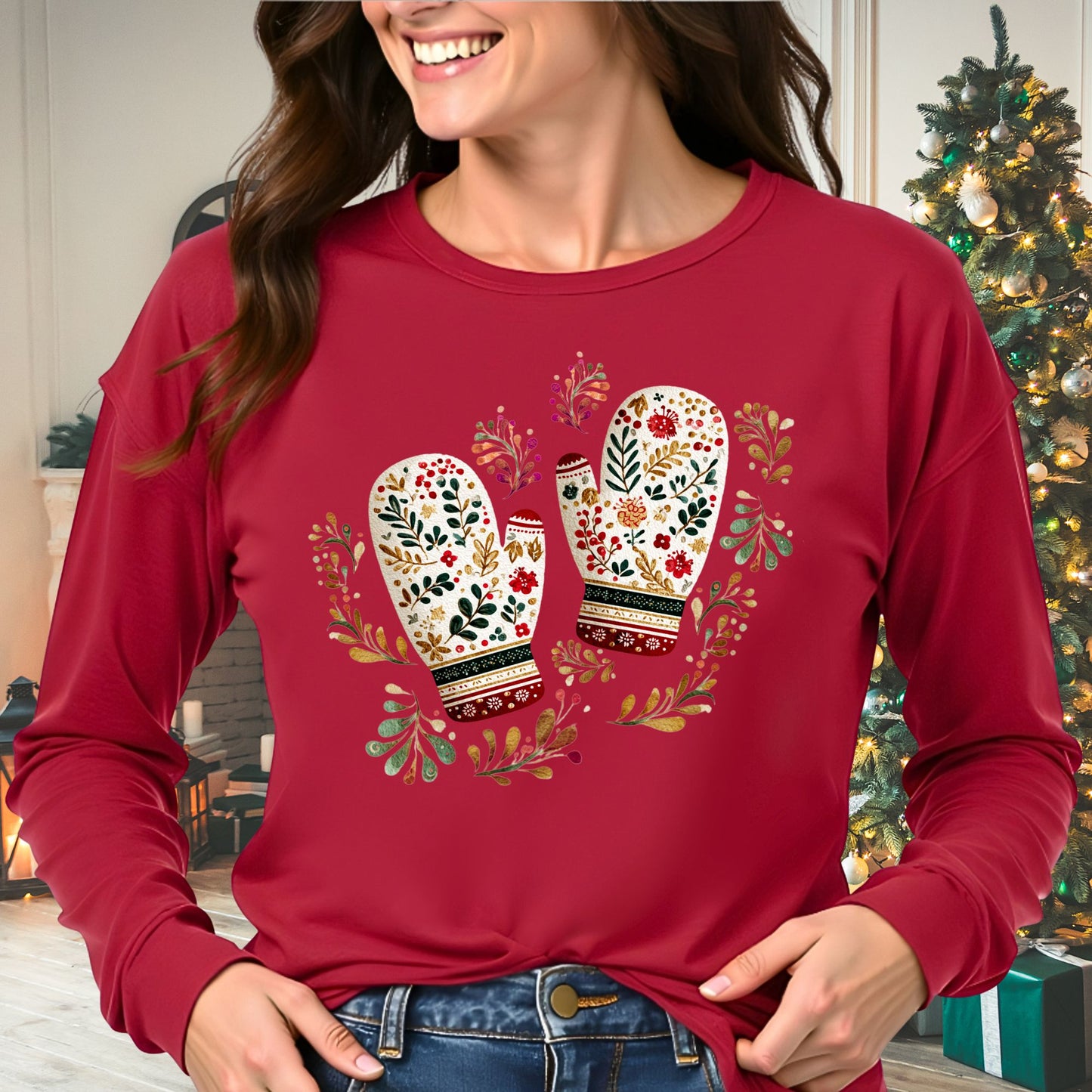 Folk Art Winter Mittens Long Sleeve Tee