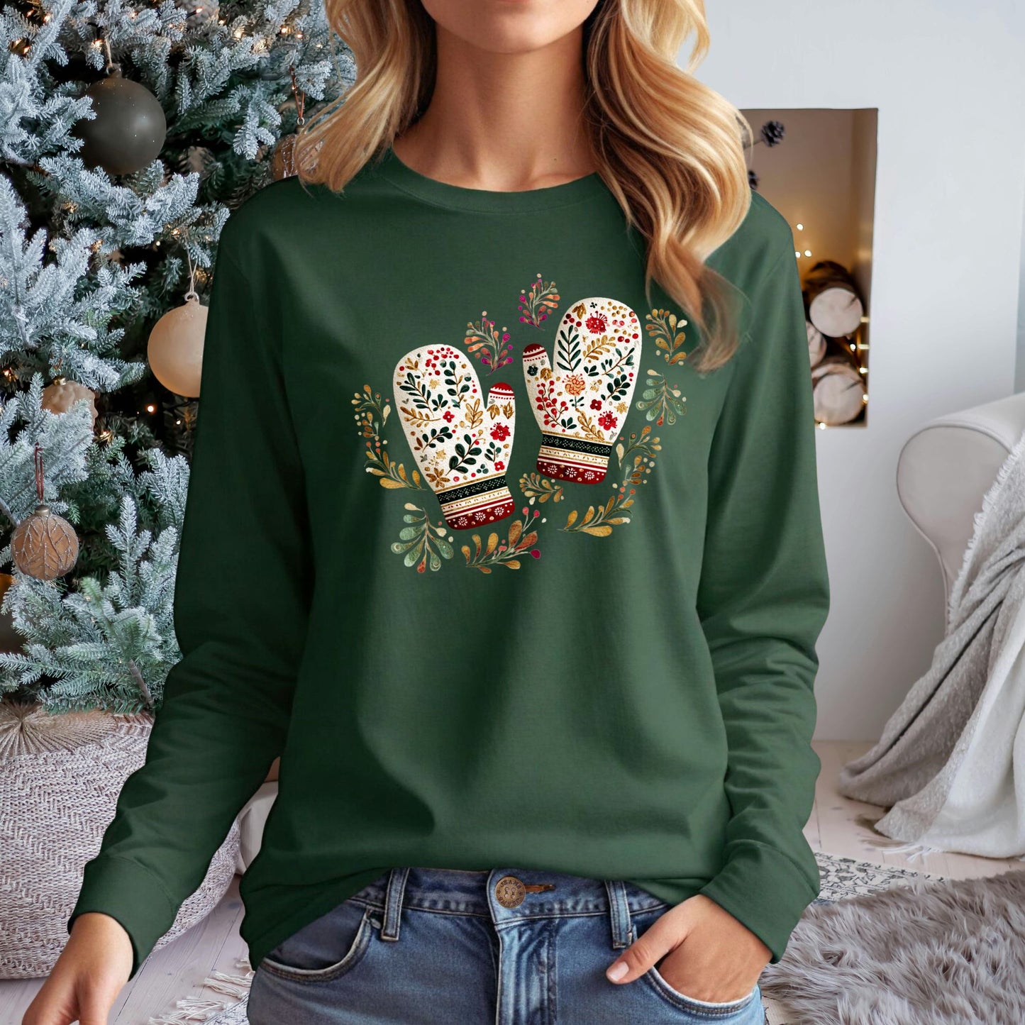 Folk Art Winter Mittens Long Sleeve Tee