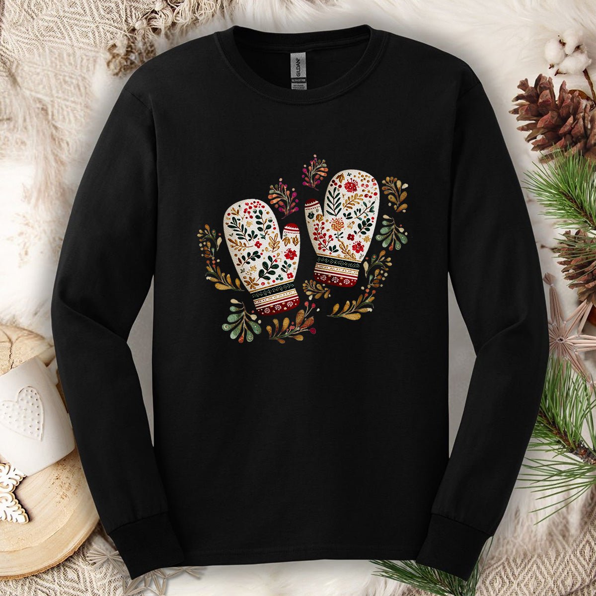Folk Art Winter Mittens Long Sleeve Tee
