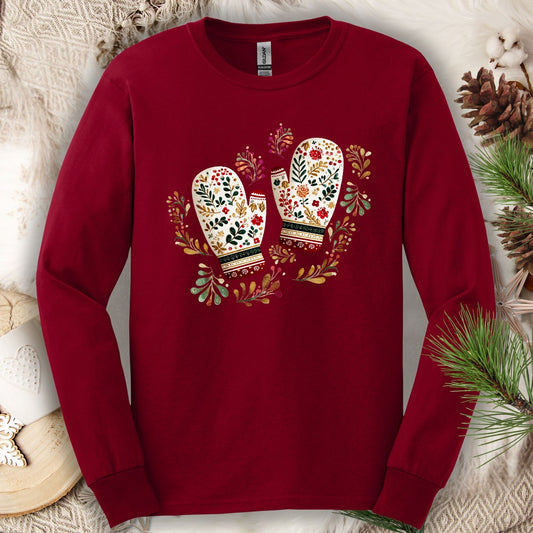Cardinal Red long sleeve tee with folk art mittens, winter foliage, and gold accents.