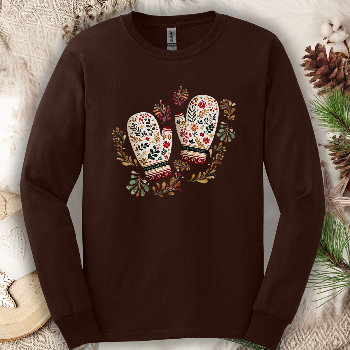 Folk Art Winter Mittens Long Sleeve Tee