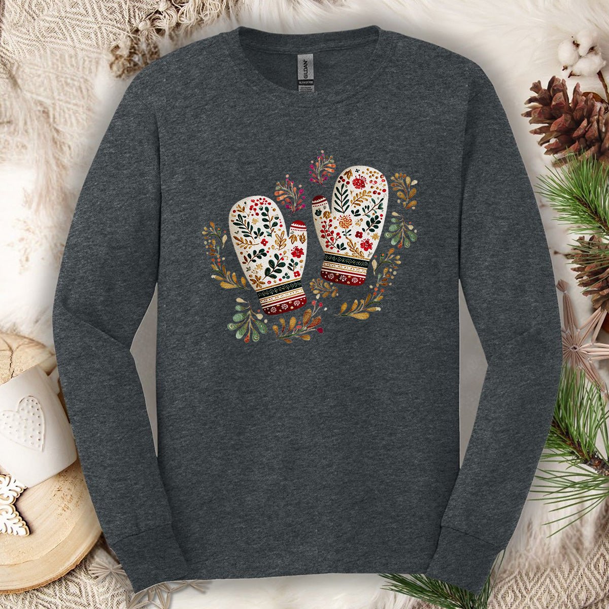 Folk Art Winter Mittens Long Sleeve Tee