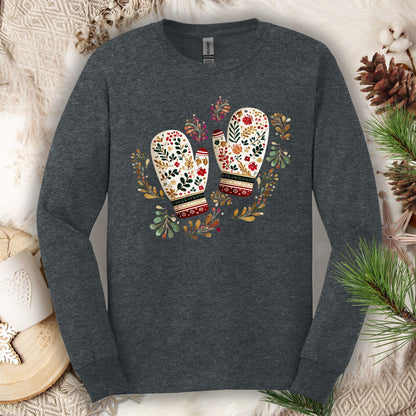 Dark heather long sleeve tee with watercolor folk art mittens in red, cream, evergreen, and gold.