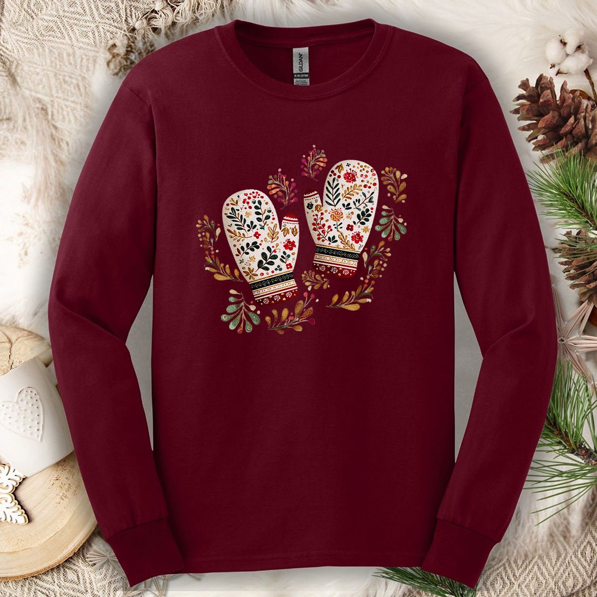 Folk Art Winter Mittens Long Sleeve Tee