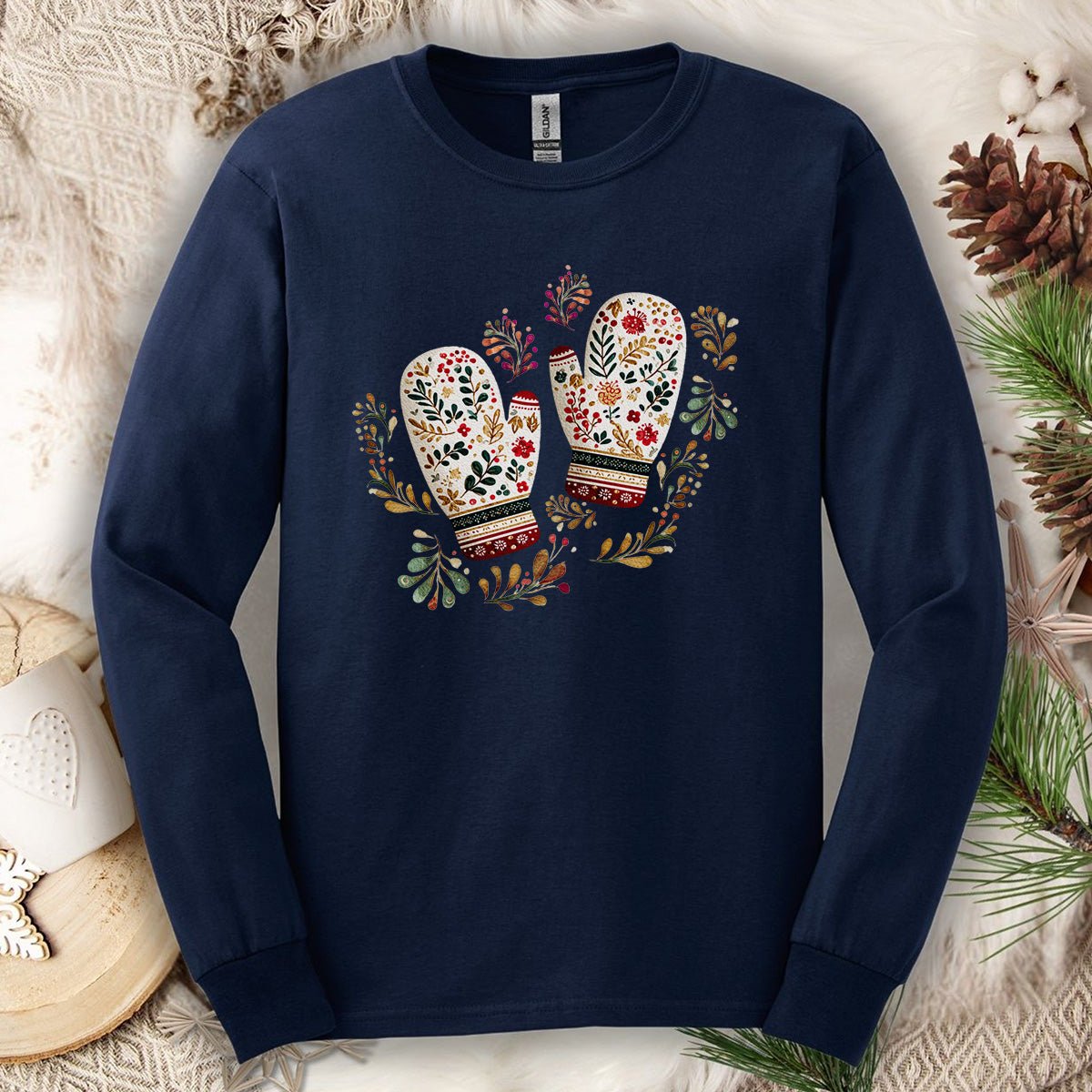 Folk Art Winter Mittens Long Sleeve Tee