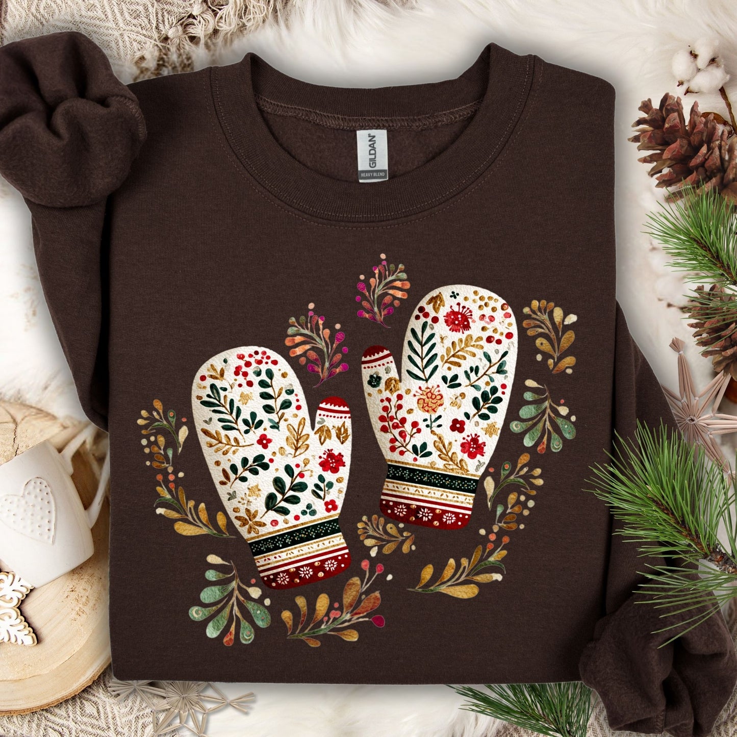 Dark Chocolate Folk Art Winter Mittens Sweatshirt, size S, featuring colorful embroidered-style mittens and florals.
