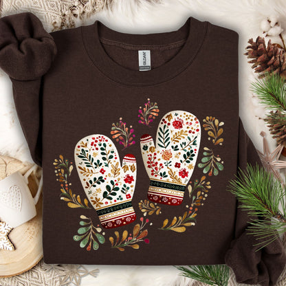 Dark Chocolate Folk Art Winter Mittens Sweatshirt, size S, featuring colorful embroidered-style mittens and florals.