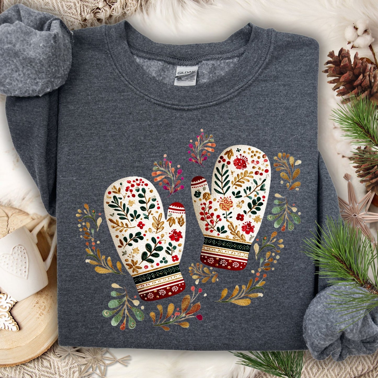 Dark Heather crewneck sweatshirt with folk art mittens and floral wreath design.