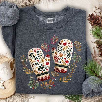Dark Heather crewneck sweatshirt with folk art mittens and floral wreath design.