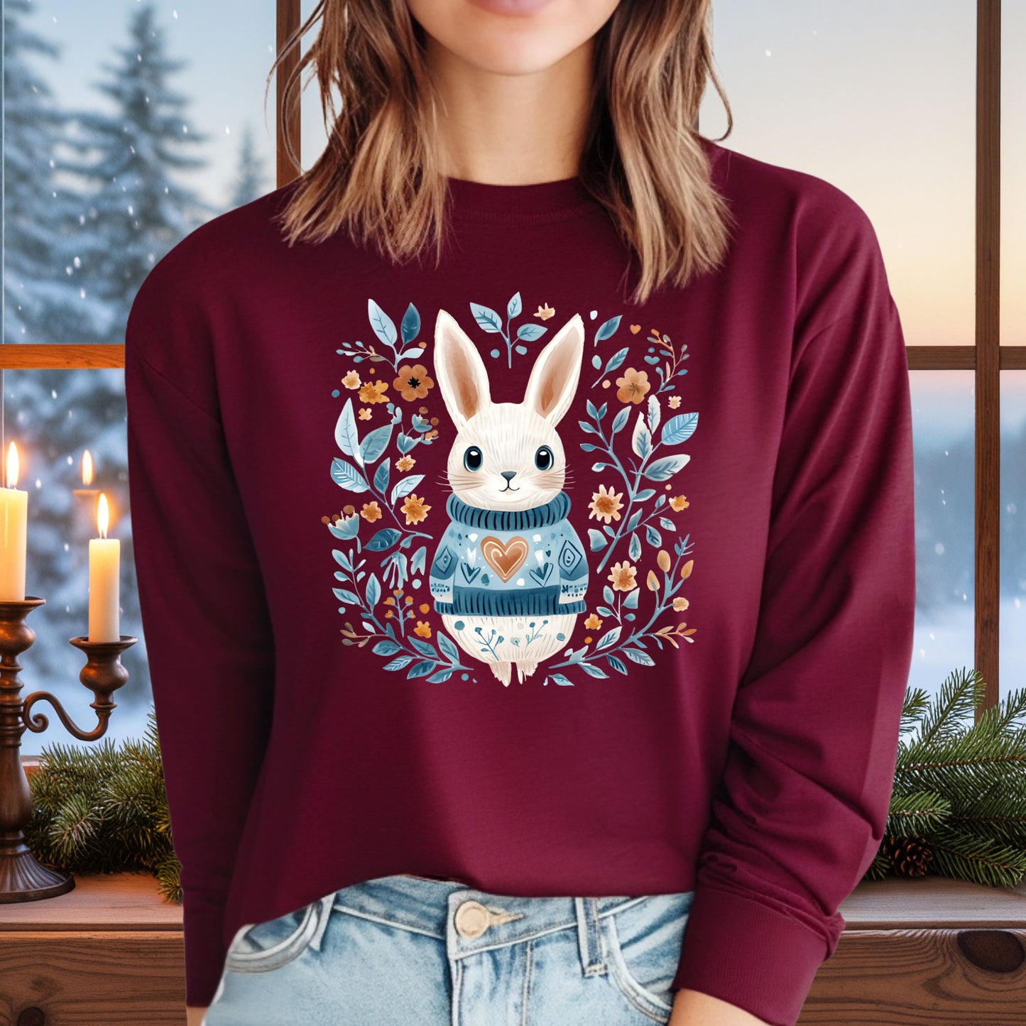Folk Art Winter Rabbit Long Sleeve Tee