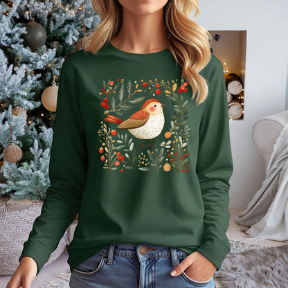 Folk Art Winter Sparrow Long Sleeve Tee